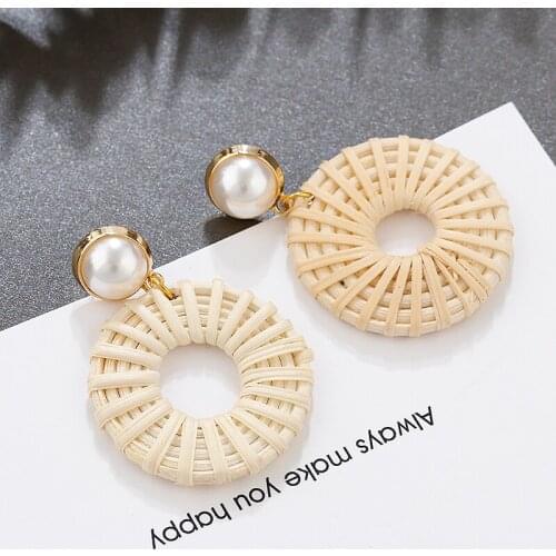 AENSOA Bohemia Rattan Knit Drop Earrings Fashion Round Dangle Earrings Vintage Classic Rattan Pendant Earrings Unique Jewelry