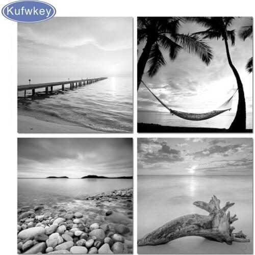 Diamond painting cross stitch kit DIY Diamond Embroidery mosaic 4pcs/set Black and white seascape coconut tree modern decoration