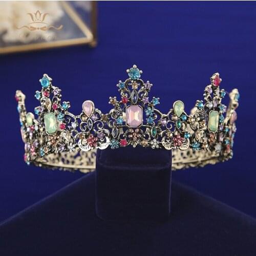 Bavoen Colorful Baroque Brides Round Tiara Crown with Red Rhinestone European Bridal Hairbands Wedding Hair Accessories
