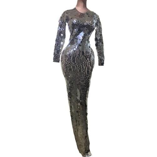 Sparkle Silver Sequins Party Long Dress Women Long Sleeve Wedding Birthday Prom Bodycon Dress Evening Gown Singer Stage Clothing