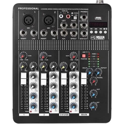 Bluetooth 4-Channel Mic Line Audio Mixer Mixer with 3-Band EQ 48V Phantom Power USB Interface EU Plug