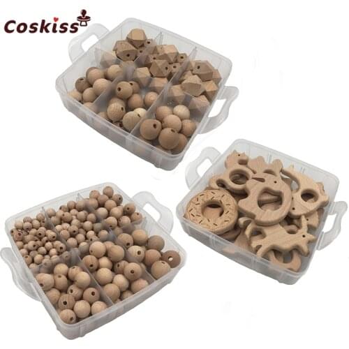Wood Elephant Teether Baby DIY Crafts Set Beech Wooden Beads Crib Toy Safe And Hexagon Beads Teether Necklace Animal Pendants