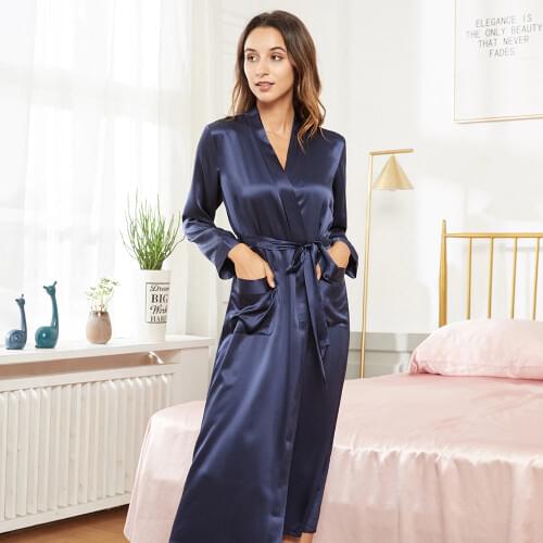100% Pure 19 Momme Silk Dressing Gown Long Ladies Kimono Robe,Womens Long Robe Nightgown Sleepwear