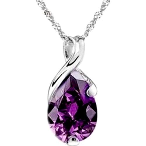 FYSL Silver Plated Water Drop Section Purple Amethysts Crystal Pendant Link Chain Necklace Trendy Jewelry
