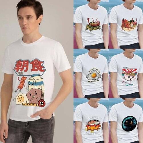 Summer Men T-Shirts Street Japanese Style Male Tops White Printing O-neck All-match Commute Mans Short Sleeve Tee Shirt Clothes