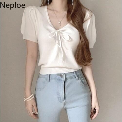 Neploe Women Sweet Knitted T Shirts 2021 Summer Korean Elegant Bow Tie Cute Puff Sleeve Tees Pullover Slim Fit White Short Tops