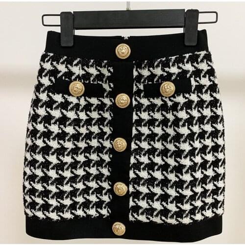 New Fall / Winter 2021 Skirt Lion Head Rivet Buckle Bright Silk Tweed Stitch Houndstooth High Quality Short Skirt O165