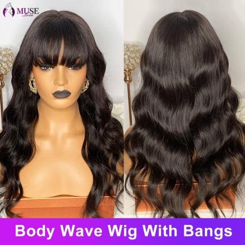 MUSE LOVE 28inch Human Hair Wigs With Bang 180% Full Machine Made Wig Brazilian Body Wave Human Hair Wigs For Black Women