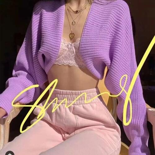 Beachapche Cardigan Women Short Sweaters Ladies Open-stitch Batwing-sleeve Crop-tops Casual Loose Knitted Sexy Retro Solid