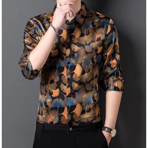 High Quality Real Silk 100% Shirt Mens Large Size Blouse Fancy Leaf Printed Comfortable Clothes Big Size Husband Dress For Fat