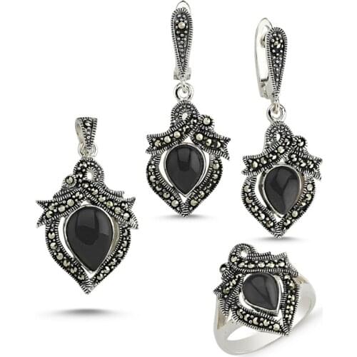 Silver 925 Sterling Marcasite Pendant Earring & Ring Set