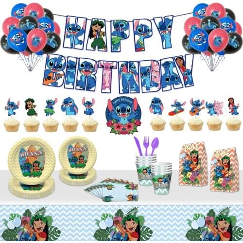 Stitched Theme Party Tableware Stitching Balloons Happy Birthday Banner Cake Topper Baby Shower Decorations Boy Kids Toy Gift