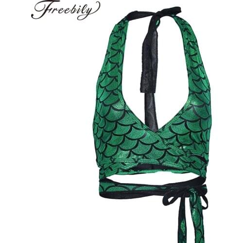 Hot Sexy Women Halter Strappy Wrap Around Bra Crop Top Shiny Mermaid Fish Scale Printed Club Party Rave Costume Pole Dance Tops