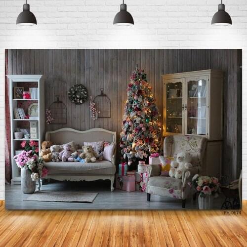 Vintage Wall Wooden Floor Backdrops Christmas Tree Gift Bulb Bear Flowers Backgrounds For Photo Studio Baby Portrait Photography