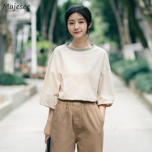 Short Sleeve T-shirts Women Patchwork Lantern Sleeve Korean Style Simple Ins Lovely Female Summer Tops Loose Slim Fashion Daily