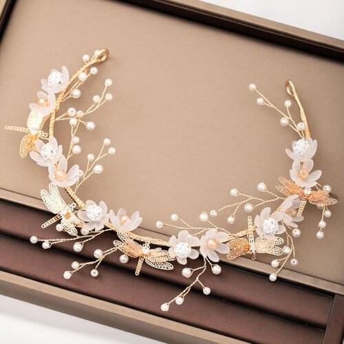 Sweet Headdress Faux Pearl White Flowers Dragonfly Decoration Gold Hair Band Suitable Fairy Girl Wear Bride Hair Jewelry BN