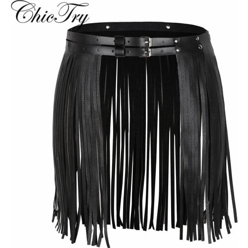 Women Female Adjustable Faux Leather Waistband Fringe Tassel Skirt Belt Skirt for Dancing Stage Performance Party Clubwear