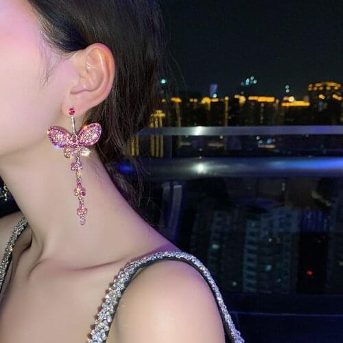 2020 Korea New Design Fashion Jewelry Luxury Shiny Color Full Crystal Long Butterfly Female dangle Earrings