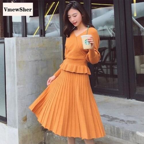VmewSher New Women Knitted Sweater Dress Two Pieces Set Fashion Batwing Sleeve Ruffled V Neck Top Pleated Skirt Suit Knitted Set