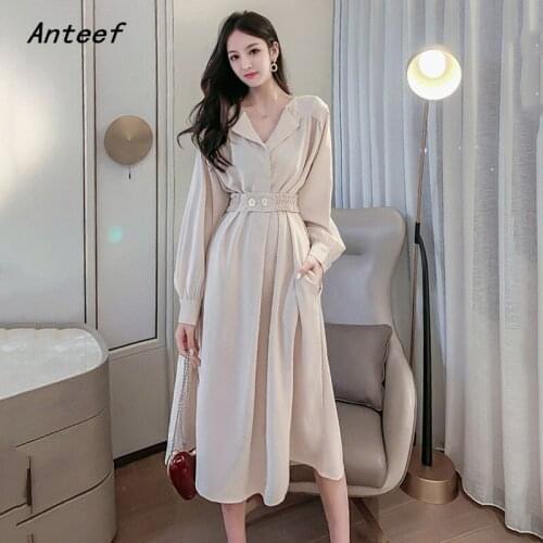 Anteef long sleeve vintage dresses for women casual loose spring autumn dress elegant clothing 2021