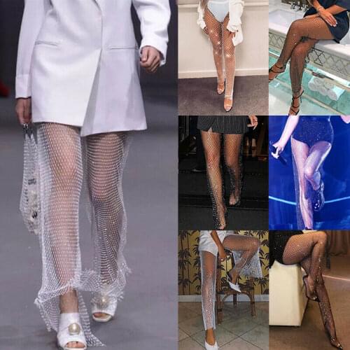 Crystal Diamond Shiny Women Pants Sexy Elastic Fishnet Long Trousers See Through