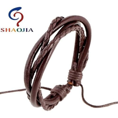 Trendy Women Handmade Weave Brown Leather Lace-up Adjustable Bracelet Vintage Geometric Charm Bracelets Male Female Jewelry