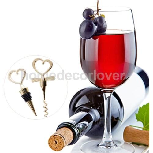 Perfect 1 Pair Gold Love Heart Red Wine Bottle Stopper Champagne Bottle Opener Twist Red Wine Set Wedding Favors Gift