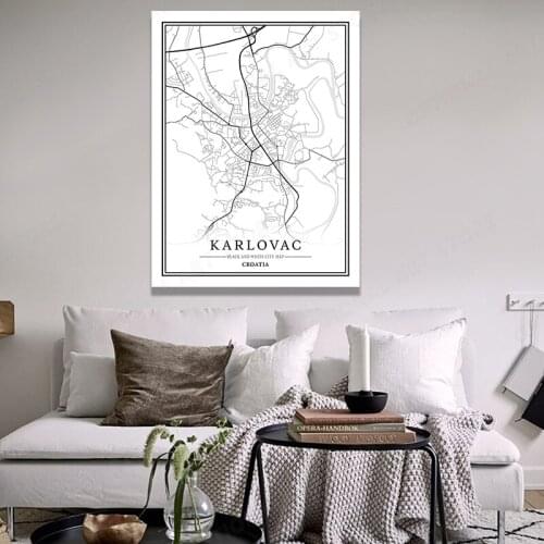 KARLOVAC Black White Line Drawing City Map Canvas Painting Nordic Style Retro City Line Map Posters Living Room Wall Art Decor