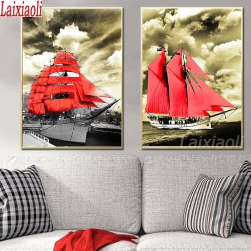 Red ship Caribbean Sea diamond painting full square round diamond embroidery 2 pcs scenery cross stitch rhinestone mosaic decor