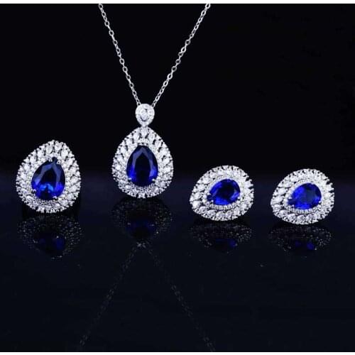 Classic Water Drop Pendant Necklace Inlay Blue Cubic Zircon Fashion 925 SIlver Charm Stud Earrings Womens Wedding Eternity Ring