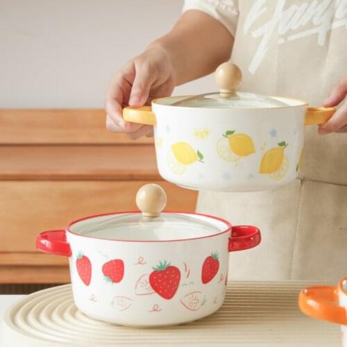 Cute noodle bowl ceramic dry rice bowl with lid with handle lunch box microwaveable salad dessert plate noodle bowl gift CL90319