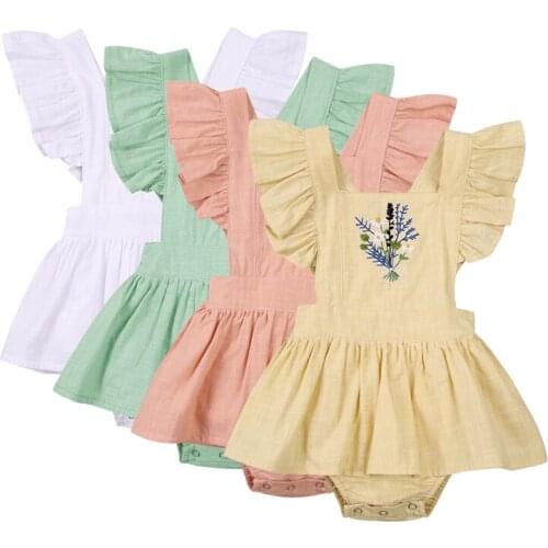 Cute Baby Girl Bodysuit Summer Ruffle Sleeve Floral Embroidery Bodysuits Tutu Dress Princess Girl Clothing Infant Costume