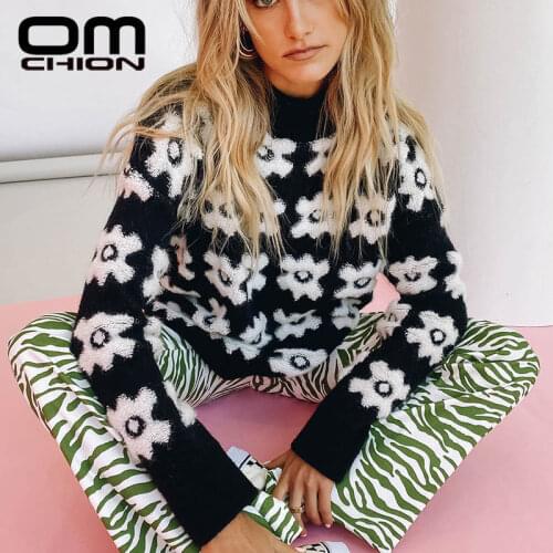 OMCHION Pull Femme 2021 Autumn Winter O Neck Long Sleeve Flower Women Sweaters And Pullovers Casual Oversized Embroidery Jumpers