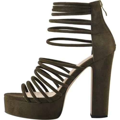 Richealnana Womens Round Toe Suede Sandals Chunky High Heel Criss Cross Back Zip Shoes with Platform Big Size US5-15 Casual