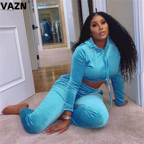 VAZN 2020 Sexy Hooded Blue Two Piece Set Bandage Sport 2 Piece Set Women Long Sleeve Top And Long Pant Autumn Sets