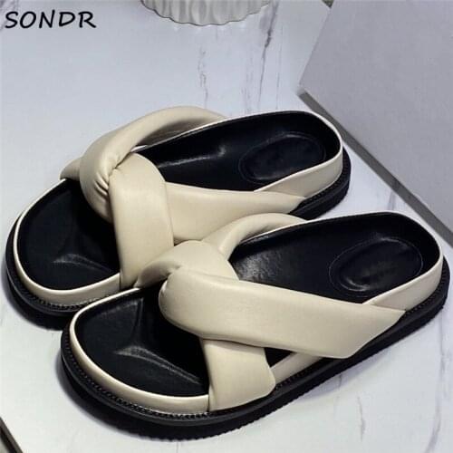 Fashion Summer Cross Tied Slippers Women Soft Genuine Leather Beach Flipflops Flat Mules Design Sandals Lazy Casual Shoes Woman