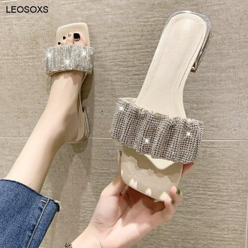 Slippers Womens Summer Wear 2021 New Fashion All-match Square Toe Thick With Rhinestone One-word Sandals