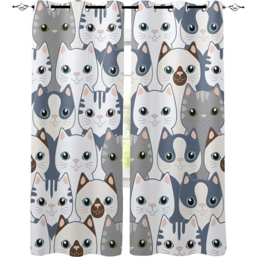 Cat Kitten Lovely Blue White Round Gray Room Curtains Large Window Living Room Bedroom Indoor Decor Print Kids Room Curtain