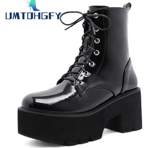 Woman Autumn Punk Girls Boots 8cm Womens Ladies Chunky Wedge Platform Black Patent Leather Plus Size 41 42 43 Ankle Boots Goth