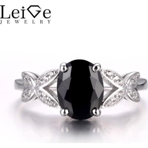 LeiGe Jewelry Natural Black Spinel Rings Engagement Rings Oval Cut Black Gemstone Ring Real 925 Sterling Silver Customized Rings
