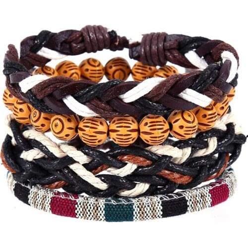 4pcs/set hippie punk black brown leather beige cord knots Layers tibetan pattern fabric beads wrap wide Bracelet Bangle for man