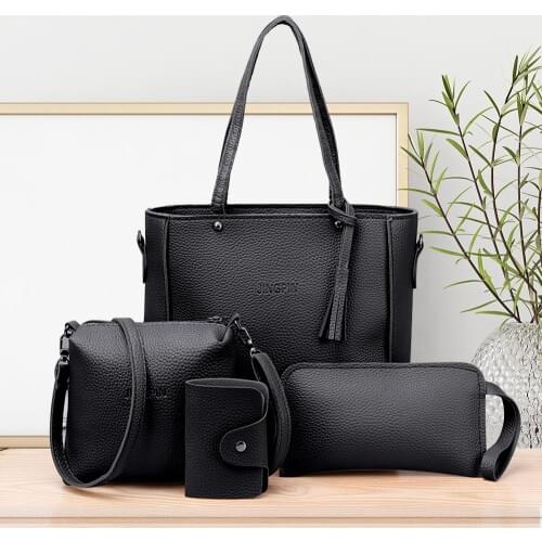 4pcs/set Fashion Ladies Simple Lichi Tassels Shoulder Messenger Handbags Casual Women PU Leather Crossbody Top-handle Bags