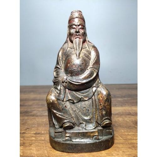 7" Tibet Buddhism Old Bronze Cinnabar Lacquer Guan Erye Wu Caishen Guan Yu Sitting Buddha Enshrine the Buddha