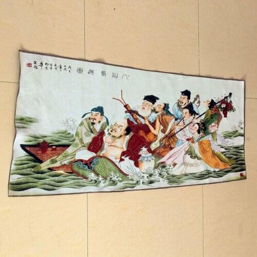 Suzhou mano bordada satinada puntada bordado máquina los Ocho inmortales que cruzan el mar pintura decorativa placa colga