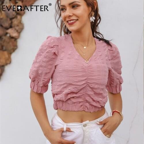 EVERAFTER Sexy v-neck ruffles women blouse shirt short sleeve solid short tops Elegant chic blouse lady office ladies blouses