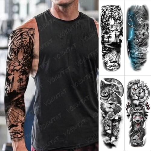 Large Arm Sleeve Tattoo Tiger Palm Lighthouse Waterproof Temporary Tatto Sticker Compass Beach Body Art Full Fake Tatoo Men