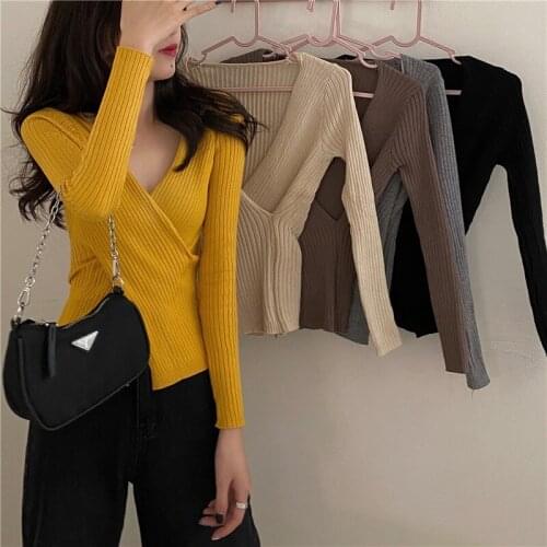 Criss-Cross Jumpers Striped T-shirts Slim Long Sleeve Tops Female Ribbed Tees Skinny Knitted Solid White Pullover Tshirt Women