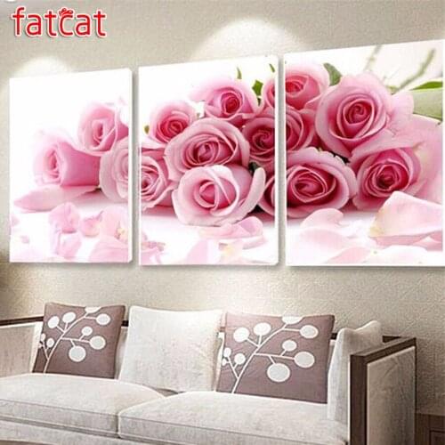 FATCAT 5D Diy Diamond Painting Pink rose flowers Triptych full square round mosaic diamond Embroidery Wall Decoration AE1592