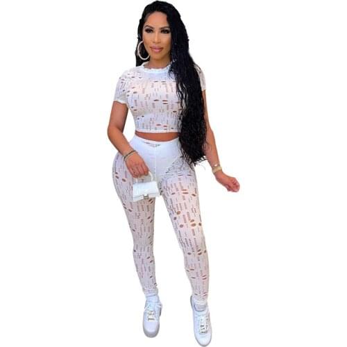 Midnight Style Two Piece Set Women Unique Design Hollow Out Short Sleeve O-Neck Top And Sheath Body-Shaping Pants Clubwear