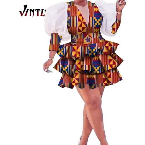 Summer African Clothes for Women Sexy Dashiki Dresses Patchwork Puff Sleeve Short Print Dress Bazin Lady Abaya Clothes Wy6015